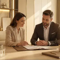 Kobieta i mężczyzna omawiają dokumenty przy biurku z modelem domu.