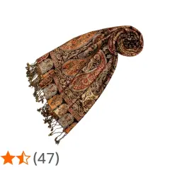Elegancka pashmina z wzorem paisley w odcieniach brązu i pomarańczy, z frędzlami. Idealna na chłodniejsze dni.
