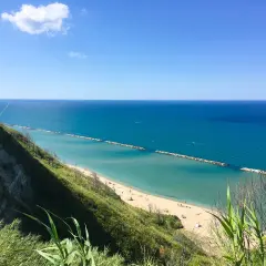 Vista panoramica della spiaggia di Pesaro con mare azzurro e scogliera verde. La focara è un ricordo lontano, ma la bellezza del paesaggio resta.