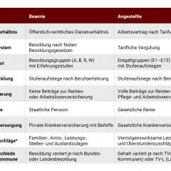 Tabelle vergleicht Merkmale von Beamten und Angestellten, z.B. Gehaltsstruktur, Zulagen. Das sozial assistentin gehalt hängt von TVÖD/TV-L ab.
