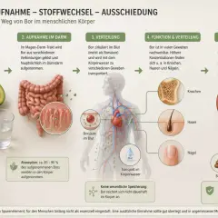 Bor wird über Nahrung aufgenommen, im Darm verarbeitet und im Körper verteilt. Die Bor-Wirkung zeigt sich in Knochen, Haaren und Nägeln, bevor es ausgeschieden wird.