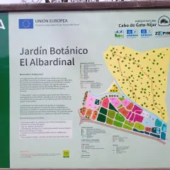 Mapa del jardín botánico El Albardinal en Cabo de Gata-Níjar, Almería. Muestra senderos, zonas de vegetación y jardines.