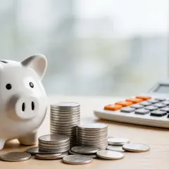 Skarbonka, monety i kalkulator symbolizują oszczędności i finanse, idealne dla firm szukających chwilówki.