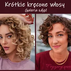 Dwie kobiety prezentują stylowe, krótkie kręcone włosy. Jedna ma blond loki, druga ciemniejsze.