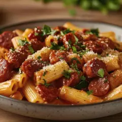 Un plato humeante de macarrones con chorizo, cubierto con perejil fresco y queso rallado, listo para ser disfrutado.