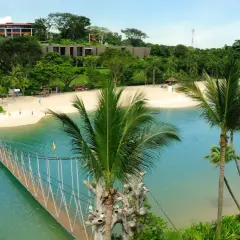 Hängende Brücke über türkisfarbenem Wasser führt zu einem sonnigen singapur strand mit Palmen und Resorts im Hintergrund.