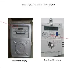 Dwa liczniki prądu: indukcyjny i elektroniczny. Na obu widoczny jest numer licznika, który jest kluczowy do odczytu.