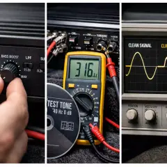 Ustawianie wzmocnienia i filtra subsonicznego w samochodowym wzmacniaczu. Multimetr pokazuje 316V, a oscyloskop porównuje czysty i zniekształcony sygnał.