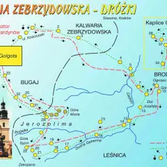 Mapa Kalwaria Zebrzydowska - dróżki. Pokazuje przebieg dróżek Pana Jezusa i Matki Boskiej, kościoły i kaplice.
