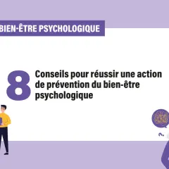 8 conseils pour améliorer le bien-être psychologique. Illustration de personnes discutant et d'un cerveau avec un puzzle.