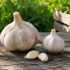Dwa dorodne główki czosnku słoniowego i kilka ząbków leżą na drewnianym stole. W tle zielone liście i drewniana skrzynka, sugerujące udaną czosnek słoniowy uprawę.