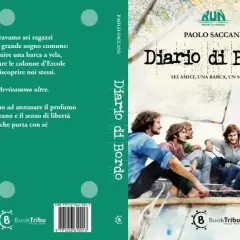 Copertina del libro "Diario di bordo" di Paolo Saccani, con un'illustrazione di sei giovani su una barca a vela.