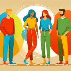 Ilustracja czterech osób o różnych kolorach włosów i ubraniach, stojących na tle kolorowych kół.