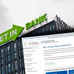 Budynek banku z napisem "BANK" i zielona strzałka "GET IN" symbolizują aferę Getin Bank. Na ekranie widoczny Krajowy Rejestr Zadłużonych.