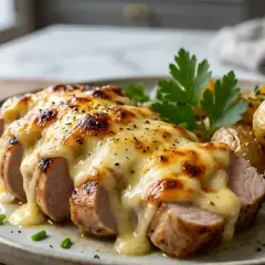 Délicieux filet mignon savoyard gratiné, servi avec des pommes de terre rôties et garni de persil frais. Un plat réconfortant et savoureux.
