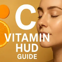 En närbild på en kvinna med slutna ögon bredvid en apelsin och texten "C VITAMIN HUD GUIDE".