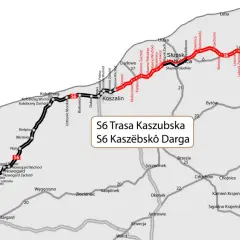Mapa pokazuje przebieg S6 Trasa Kaszubska, zaznaczone odcinki istniejące, w realizacji i planowane.