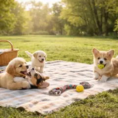 Szukasz japońskich imion dla psa? Trzy szczenięta bawią się na pikniku: corgi z piłeczką, golden retriever i beagle.