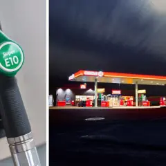 Grön bensinpump med texten Super E10. I bakgrunden en Circle K-mack nattetid.