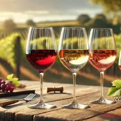 Drei Gläser mit Rot-, Weiß- und Roséwein stehen auf einem Holztisch vor einem Weinberg. Welche weinsorten gibt es? Eine Flasche Wein und Trauben vervollständigen die Szene.