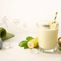 Zdrowy koktajl bananowy po treningu. Obok leżą hantle i mata.
