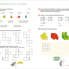 Mathematik-Übungsblatt für die 3. Klasse mit geometrischen Formen, Würfelnetzen und Bauplänen.