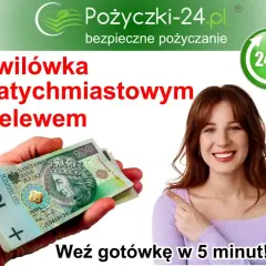 Chwilówka z natychmiastowym przelewem. Uśmiechnięta kobieta wskazuje na stos banknotów 100 zł. Szybka gotówka w 5 minut!