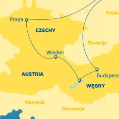 Mapa Europy Środkowej pokazuje trasę z Pragi przez Wiedeń do Budapesztu, obejmując Czechy, Austrię i Węgry.
