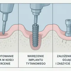 Wizualizacja etapy implantacji zęba: wiercenie, wkręcanie implantu tytanowego, założenie śruby gojącej. Czy implant zęba boli? Proces jest bezbolesny.