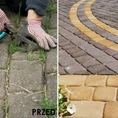 Przed: ręczne czyszczenie kostki brukowej z chwastów. Po: czysta, zadbana nawierzchnia z kostki brukowej.
