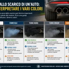 Fumo dallo scarico: bianco (vapore), blu (olio), nero (carburante), grigio (combustione irregolare), giallo/arancio (particelle).