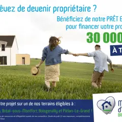 Un couple se promène dans un champ verdoyant vers une maison moderne. Ils rêvent de devenir propriétaires grâce à un prêt familial exclusif de 30 000€ à taux 0%.