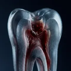Modello di dente con polpa infiammata, che illustra i sintomi di un ascesso dentale.