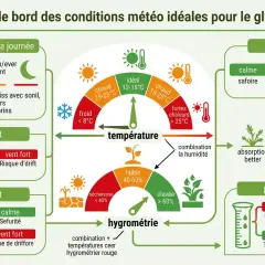 Tableau météo pour savoir quand mettre du désherbant glyphosate : idéalement par temps calme, chaud mais pas trop, et sec. Éviter le vent fort et la pluie.