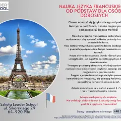 Wieża Eiffla i hasło "Nauka języka francuskiego od podstaw dla osób dorosłych". Lipiec po francusku to "juillet".