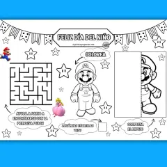 Imprimibles pasatiempos infantiles: laberinto para ayudar a Mario, colorear y completar dibujo. ¡Diversión asegurada!