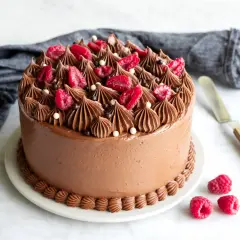 En lyxig chokladtårta med hallon och chokladdekorationer. Perfekt för alla chokladälskare!