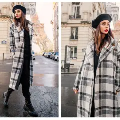 Elegancki płaszczyk plus size w kratę, idealny na paryski spacer. Kobieta w beretce i długim płaszczu na tle Wieży Eiffla.