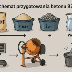 Schemat jak zrobić beton B20: cement, piasek, żwir i woda trafiają do betoniarki, a następnie do wiadra z łopatą.