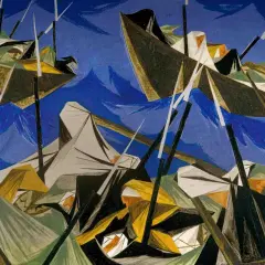 A Jacob Lawrence painting depicts boats with oarsmen navigating choppy blue waters under a dark sky.