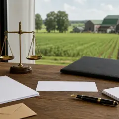 Biurko prawnika z wagą sprawiedliwości, dokumentami i widokiem na farmę. Może to być miejsce, gdzie podpisuje się poręczenie na wekslu.