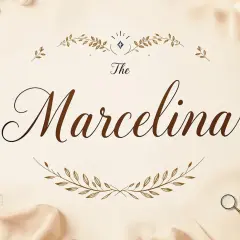 Elegancka grafika z napisem "The Marcelina", ozdobiona gałązkami i kolumnami.