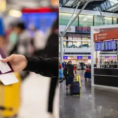 Ręka trzyma paszport i kartę pokładową, gotowa do odprawy online. W tle lotniskowy gwar.