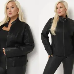 Stylowa kurtka jesienna damska plus size z czarnej ekoskóry, idealna na chłodniejsze dni.