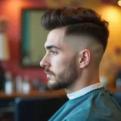 Un hombre joven con un moderno diseño pelo hombre, con un degradado y tupé.