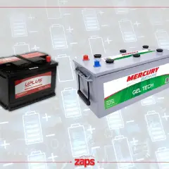 Dos baterías, una negra UPLUS AGM y una gris MERCURY GEL TECH, listas para tu moto.