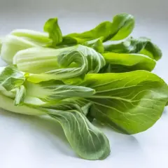 Pęczek świeżego pak choi, gotowy do posadzenia z nasion. Zielone liście i białe łodygi tworzą apetyczny widok.