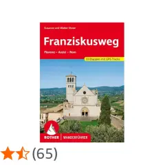 Eine Wanderkarte für den Franziskusweg von Florenz nach Rom. Die Basilika von Assisi ist im Vordergrund zu sehen.
