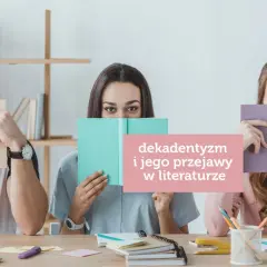 Trzy osoby ukrywają twarze za książkami, symbolizując postawę dekadencką i jej przejawy w literaturze.