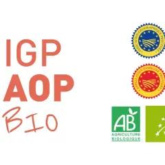 Labels IGP, AOP, BIO, et logos Agriculture Biologique français et européen.